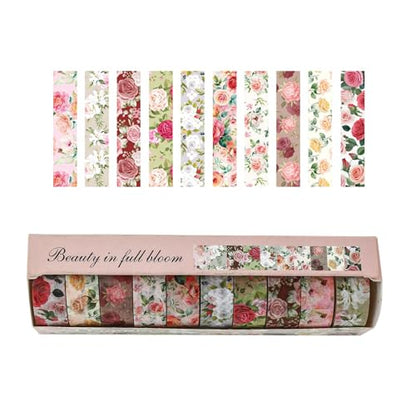 10 Rolls Blooming Flowers Washi Tape Set Floral Arts Adhesive Tapes Colorful Garden Decorative Masking Tape Sets for Craft (10 Count)