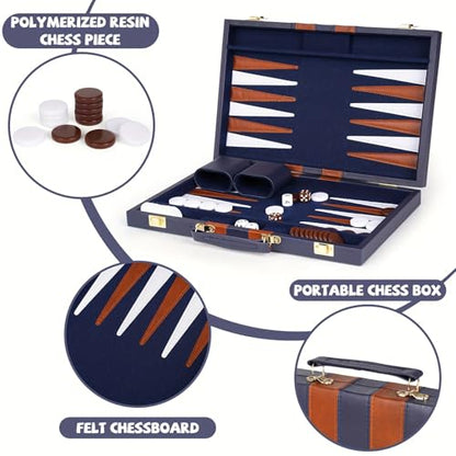15 Inch Portable Backgammon Set with Faux Leather Folding Board