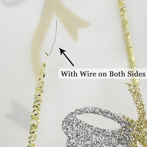 Gold and Silver Christmas Ribbon 2.5 Inch White Satin Ribbons with Gold and Silver Glittery Bows Pattern 10 Yards Christmas Wired Ribbon for Tree (30 Foot)