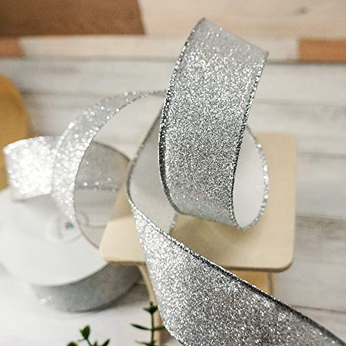 Glitter Wired Ribbon 1.5" x 10 Yards Silver for Christmas Home Decor Bow Gift Wrapping DIY Crafts Wreath (30 Foot)