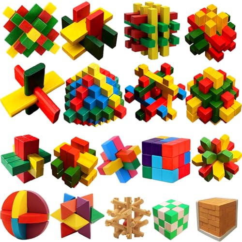 18 Pack Large Wooden Brain Teaser Puzzles Wooden Burr Puzzles Brain Teaser Puzzle with Gift Packing Box Magic Puzzle Games Toys Stocking Stuffers Party Favors for Kids and Adults (18 Count)