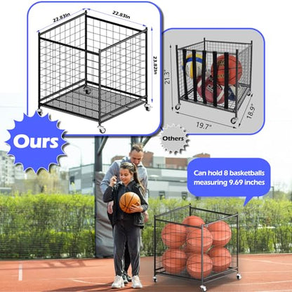 Ball Storage 22.83" Basketball Cart With Wheels Garage Volleyball Storage Sport Equipment Holder Organizer For Indoor Outdoor