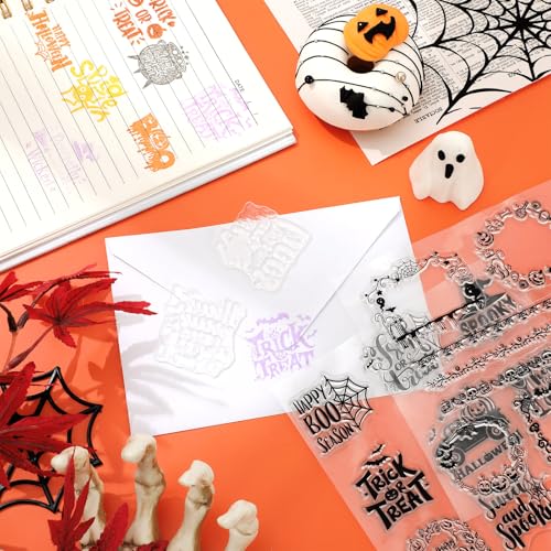 5 Sheets Halloween Clear Stamps Gnome Pumpkin Spider Silicone Transparent Stamps Trick or Treat Border Stamp Cards for DIY Card Making Scrapbooking Embossing Album Decor (5 Count)