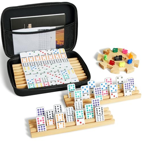 Mexican Train Double 12 Dominoes Set with 4 Wooden Trays