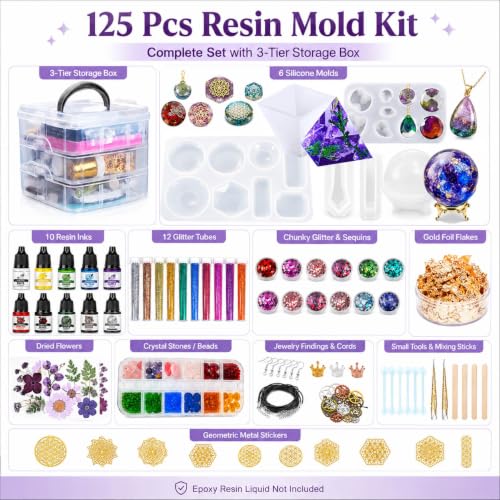 Resin Kit 3 Tier Storage Box Jewelry Making Kit with Molds (125 Count)