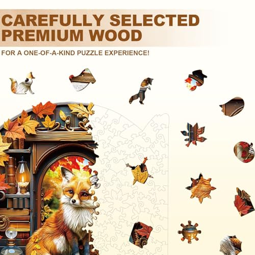 Bookcase Fox Puzzles Adults Gifts for Women Men Wooden 280 Pieces 12.6 * 12.2in