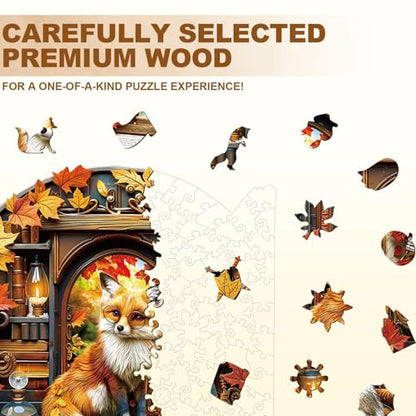 Bookcase Fox Puzzles Adults Gifts for Women Men Wooden 280 Pieces 12.6 * 12.2in