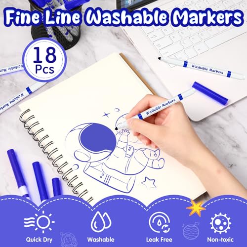 18 Pcs Line Washable Markers Blue Fine Tip Markers for Kid (18 Count)