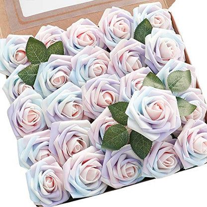 Artificial Flowers 25pcs Real Looking Whimsical Blush Foam Fake Roses with Stems for DIY Wedding Bouquets Baby Shower Centerpieces Floral Arrangements Party Tables Home Decorations (25 Count)