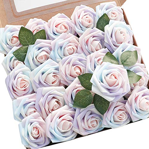 Artificial Flowers 25pcs Real Looking Whimsical Blush Foam Fake Roses with Stems for DIY Wedding Bouquets Baby Shower Centerpieces Floral Arrangements Party Tables Home Decorations (25 Count)