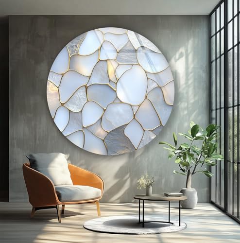 15.8''(40cm) Diameter White Stone Mosaic Round Glass Wall Art Tempered Glass Printing Wall Decor Large Wall Art Wall Hangings