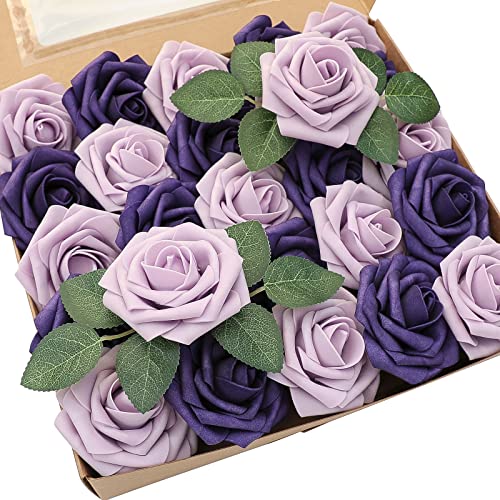 Artificial Flowers 25pcs Real Looking Lilac & Purple Foam Fake Roses with Stems for DIY Wedding Bouquets Bridal Shower Centerpieces Floral Arrangements Party Tables Home Decorations (25 Count)