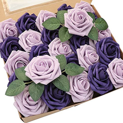 Artificial Flowers 25pcs Real Looking Lilac & Purple Foam Fake Roses with Stems for DIY Wedding Bouquets Bridal Shower Centerpieces Floral Arrangements Party Tables Home Decorations (25 Count)