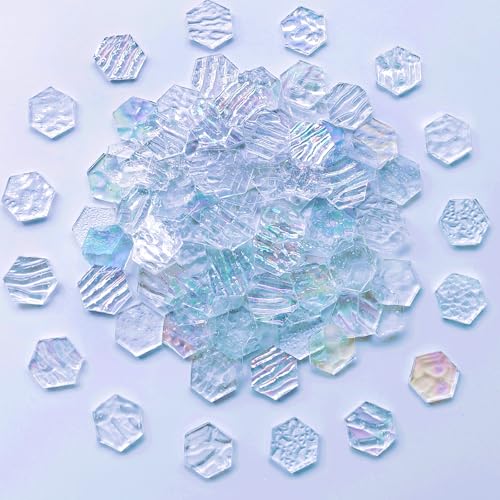 100 pcs Hexagon White Iridescence Stained Glass Pieces Mosaics Tiles for Crafts Bulk (100 Count)