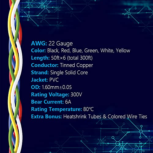 22 AWG Solid Core Wire Spool 50ft Each 6 Colors (6 Count)