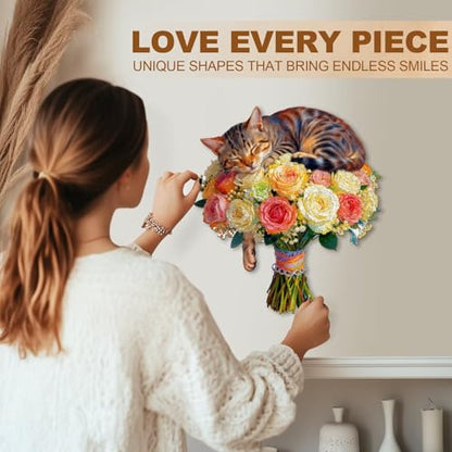 Cat Flower Bouquet Puzzles Adults Gifts Wooden 80 Pieces 8.5*7.6in (80 Count)
