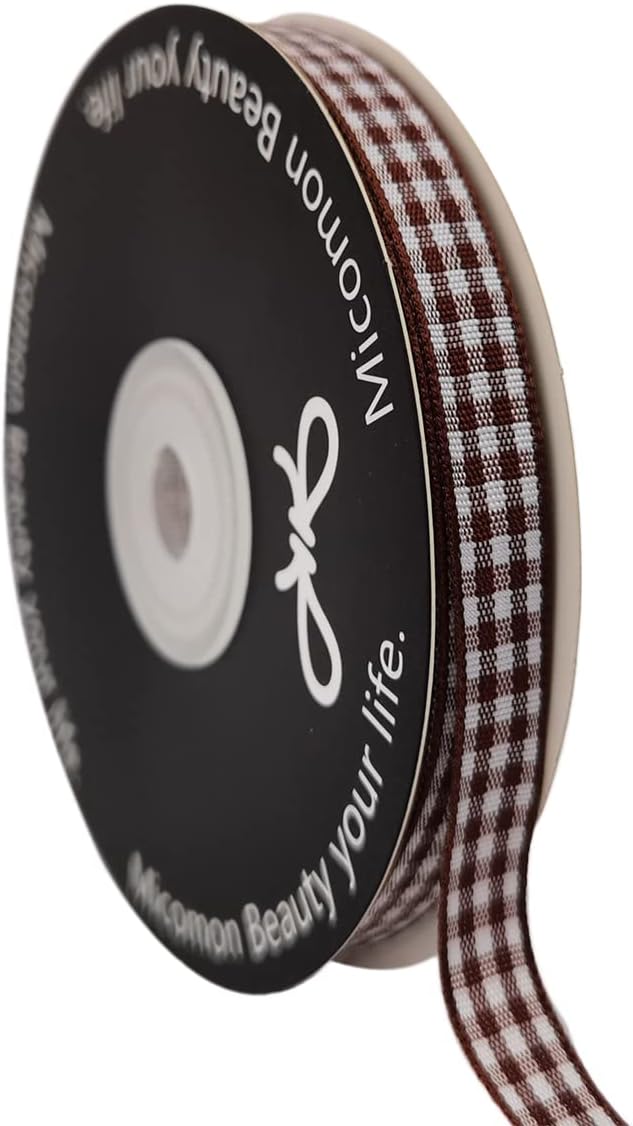 Brown Gingham Ribbon 25 Yards Christmas Ribbon for Crafts Plaid Checked Ribbon 100% Polyester (3/8", Brown) - Crafty Corner