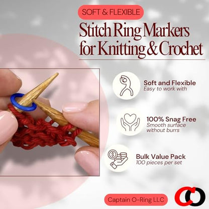 100 Pack) Soft Stitch Ring Markers for Knitting and Crochet - Flexible, Snag-Free Rubber Stitch Markers (Medium Size for Needle Sizes 9-15, Blue & Yellow)