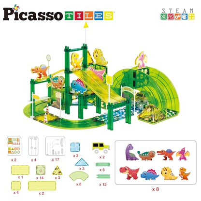 Dinosaur Magnetic Tiles Racecar Track with 8 Magnet Tile Dino Toys 2 Cars Street Sign Accessory Kit Construction Building Blocks Educational Picasso Toy for Kids Ages 3 and up PTR02 (89 Count)