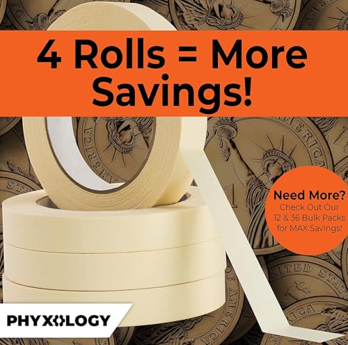 3/4 in Pro-Grade Masking Tape. 60 Yard Roll 4 Pack = 240 Yards of Multi-Use, Easy Tear Removable Tape. Great for Labeling, Painting, Packing and More. Adhesive Leaves No Residue! (720 Foot)