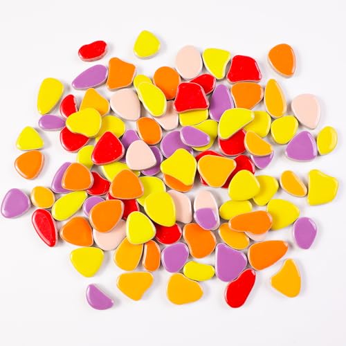 454g (1 LB) Mosaic Tiles for Crafts Bulk Mini Pebbles Ceramic Tile Mosaic Supplies, Broken Small Tiles for Mosaics Kits for DIY Mosaic Making Art Craft Red, Yellow Orange(OP586) (220 Count)