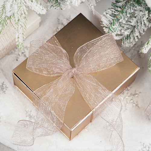 Rose Gold Sheer Glitter Wired Ribbon 2.5 Inch Horizontal Stripes Polka Dot Christmas Ribbon Organza Sheer Glitter Ribbons 25 Yards Rose Gold Ribbons for Christmas Tree (75 Foot)