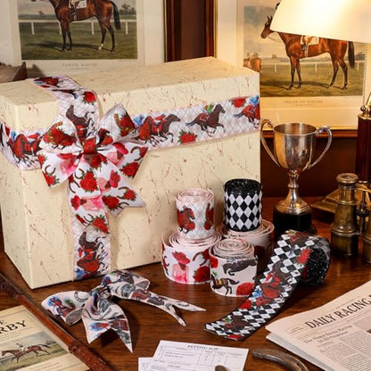 12 Rolls Horse Racing Wired Edge Ribbon for Wreaths Derby Day Decorations 2 Inch x 30 Yards Rose Horse Horseshoe Print Ribbon Run for the Roses Crafts for Party Decorative Supplies 12 Styles (12 Count)