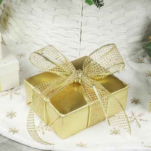 Gold Glitter Christmas Ribbon 2.5 Inch Square Mesh Net Wired Ribbons with Rainbow Sparkle Wired Ribbons Gold Ribbon for Christmas Tree Decoration (30 Foot)