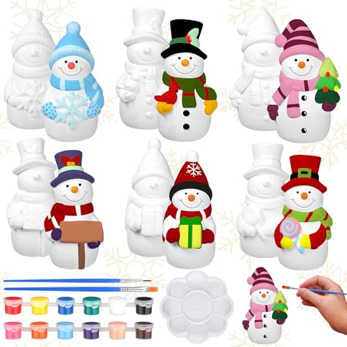 6 Sets Ceramic Snowman Gnomes DIY Paint Kit Winter Figurines (6 Count)