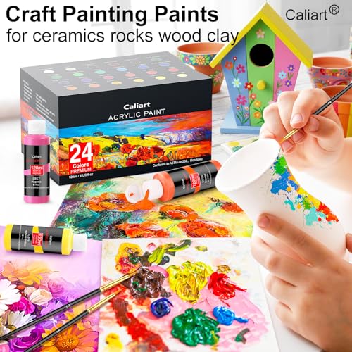24 Colors Acrylic Paint Set Large Bottles 4oz with 12 Brushes (96 Fl Oz)