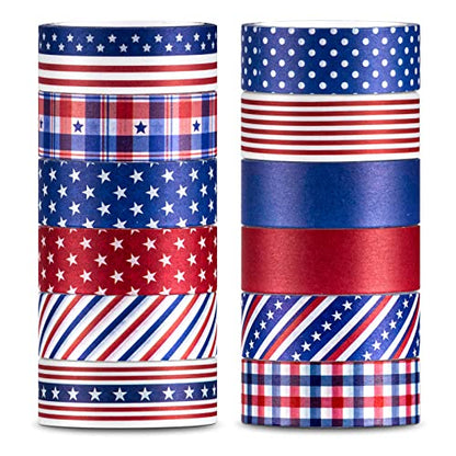 12 Rolls 4th of July Washi Tape Patriotic Stars Stripes Washi Masking Tape Red Blue White Plaids Decorative Paper Stickers for Independence Day Scrapbook Gift Wrapping DIY Art Crafts (196.8 Foot)