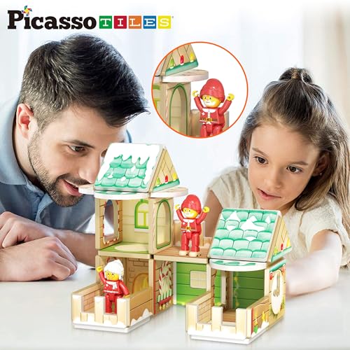 Magnetic Tile Christmas Holidays Cottage Building Set with Santa Elves Nutcracker 6 Character Figures STEM Educational Construction Toy Winter Magnet Block Gift for Kids Age 3 Plus PTQ08