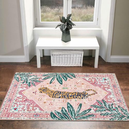 Hippie Rugs 2x3 Faux Wool Tropical Pink Boho Throw Rugs for Bathroom Kitchen Small Indoor Entryway Rug Modern Vintage Distressed Indian Accent Floor Mat Non