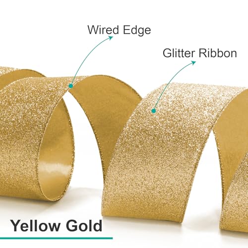 Glitter Wired Ribbon 1.5" x 10 Yards Yellow Gold for Christmas Home Decor Bow Gift Wrapping DIY Crafts Wreath (30 Foot)