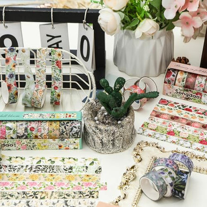 10 Rolls Blooming Flowers Washi Tape Set Floral Arts Adhesive Tapes Colorful Garden Decorative Masking Tape Sets for Craft (10 Count)
