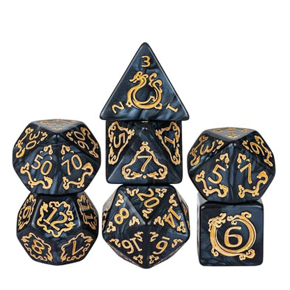 7 Die DND Dice Set Dragon Pattern Polyhedral Die with Leather Bag (7 Count)