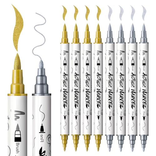 4 Gold and 4 Silver Paint Markers Brush and Fine Dual (8 Count)