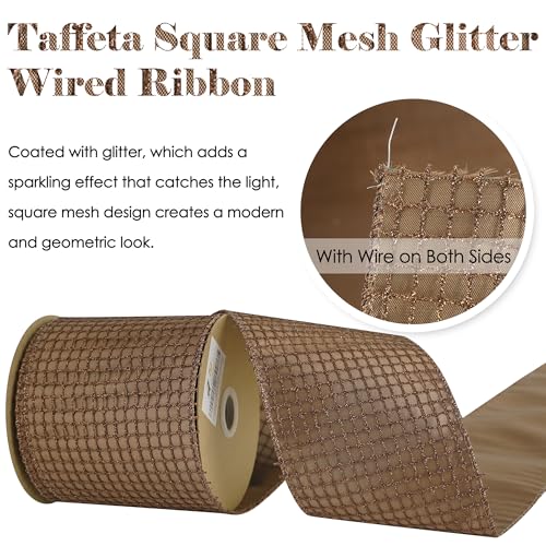 4 inch Brown Square Mesh Christmas Wired Ribbon 10 Yards (30 Foot)