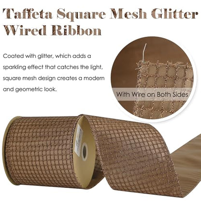 4 inch Brown Square Mesh Christmas Wired Ribbon 10 Yards (30 Foot)