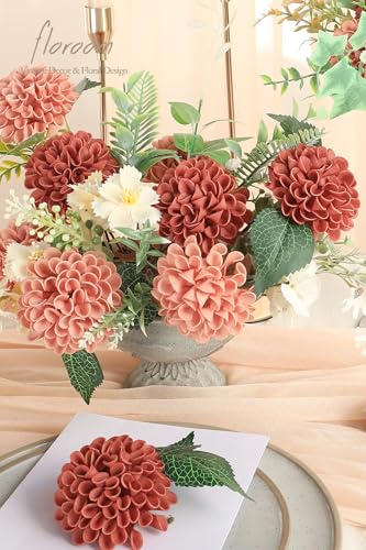 Artificial Dahlia Flowers 25pcs Terracotta & Pinky Cedar Foam Fake Roses with Stems for DIY Burnt Orange Wedding Bouquets Bridal Shower Centerpieces Floral Arrangements Party Tables Decoration (25 Count)