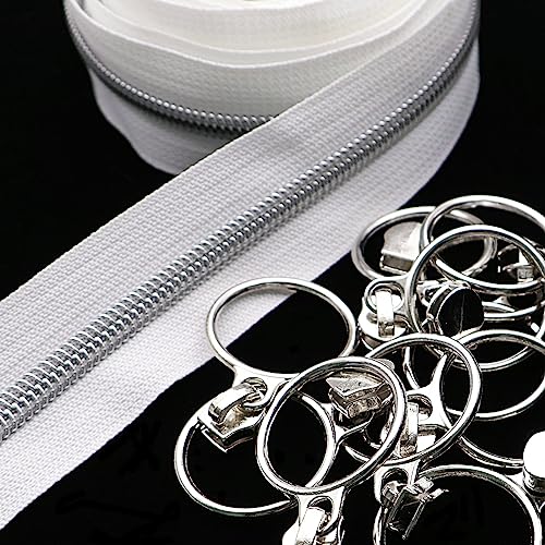 5 Silver Metallic Nylon Coil Zippers by The Yard Bulk 10 Yards White Zipper Tape with 25pcs Silver Ring Pull Sliders for DIY Sewing Tailor Craft Bag