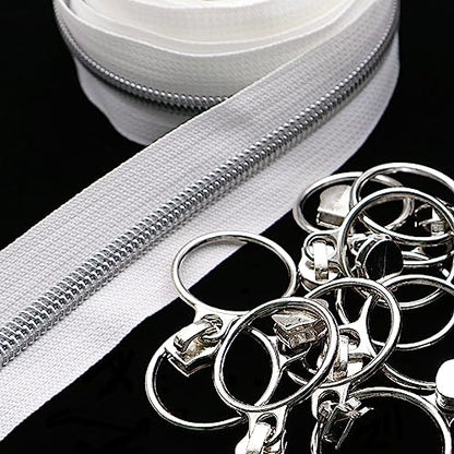 5 Silver Metallic Nylon Coil Zippers by The Yard Bulk 10 Yards White Zipper Tape with 25pcs Silver Ring Pull Sliders for DIY Sewing Tailor Craft Bag