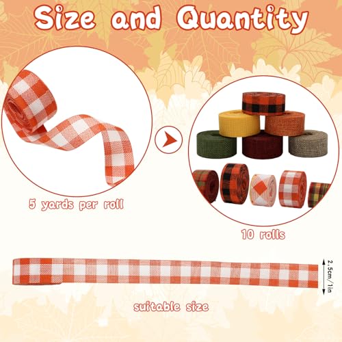 10 Rolls 50 Yard Fall Plaid Burlap Ribbon Rolls 1 Inch Autumn Gift Wrapping Ribbon Seasonal Decorative Ribbons for DIY Crafts Wreath Bow Making Supplies Home Decor (10 Count)