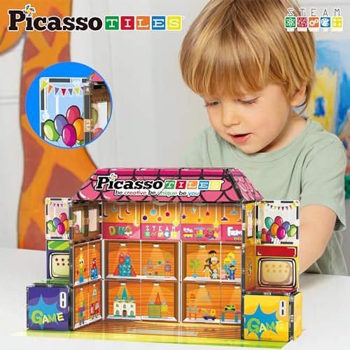 60pc Magnetic Building Block Magnet Tile Toy Shop Theme Pretend Play Construction Kit Reconfigurable Printed Structure Double (7 Count)