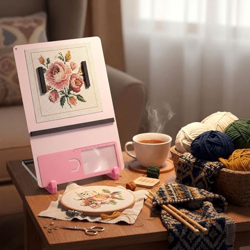 8 Pcs Cross Stitch Accessories and Tools 11.5 x 4.7 Inch Metal Magnet Board Chart Knitting Pattern Holder 2 Bookmark Magnifier with Ruler 1 Bracket 4 Magnet Strips for Crafts Work (8 count)