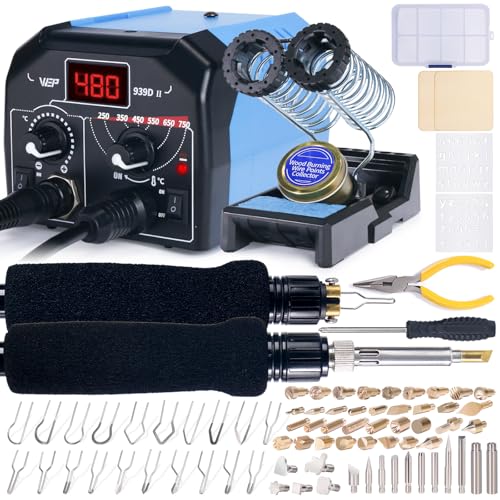 939D-II 2-IN-1 Wood Burning Kit 86-IN-1 with 51 Solid Points and 20 Wire Nibs Wood Burner with 2 Letter Number Stencils, 2 Unfinished Wood, 1 Pen Holder, Burning Tool