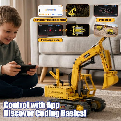 5-in-1 RC Excavator Building Kit for Kids 6+ | STEM Toys|555pcs App/Remote Controlled Excavator Kit | for Boys & Girls Ages 6+ | Rechargeable l Coding Robot Toy