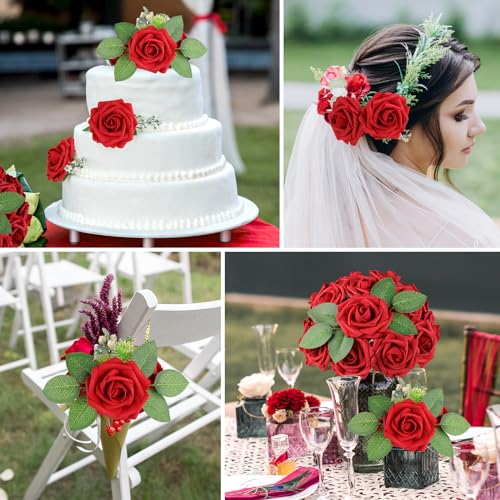 Red Rose 100pcs Real Looking Artificial Flowers w