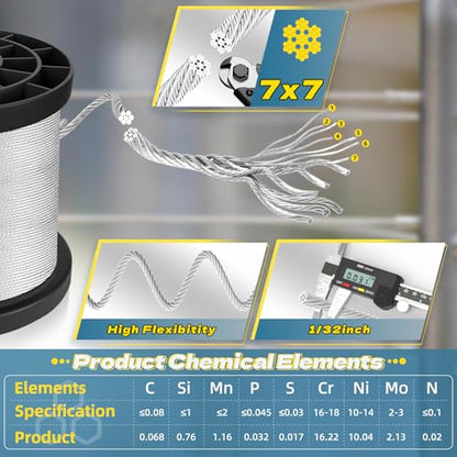 200FT 1 32IN T316 Stainless Steel Cable with 50Pcs Sleeves (200 Foot)