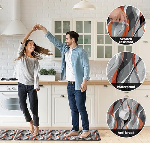 Kitchen Mats for Floor Modern Abstract kitchen rugs Grey and Orange Stripe Anti Fatigue Kitchen Mats Waterproof Floor Mats Cushioned Non (1295.5 sq inches)